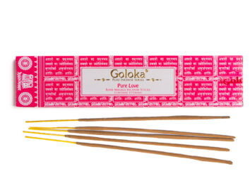 Kadzidełka Pure Love w różowym opakowaniu Goloka. Różowe opakowanie kadzidełek Goloka Pure Love z pięcioma patyczkami kadzidełek.
