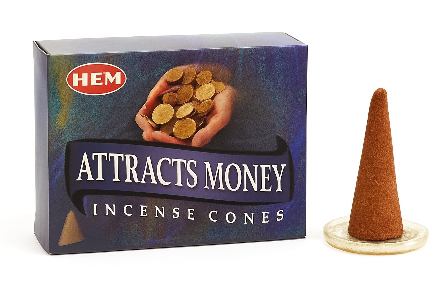 Kadzidełka stożkowe Attracts Money – stożek kadzidła na podstawce jako symbol przyciągania pieniędzy i dobrobytu. Opakowanie stożków zapachowych z napisem „Attracts Money” obok jednego stożka na podstawce.