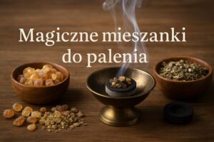 Magiczne mieszanki do palenia z żywicami, ziołami i czarą żaroodporną na węgielku. Mieszanki ziół i żywic do palenia na węgielku, w tle unoszący się dym.